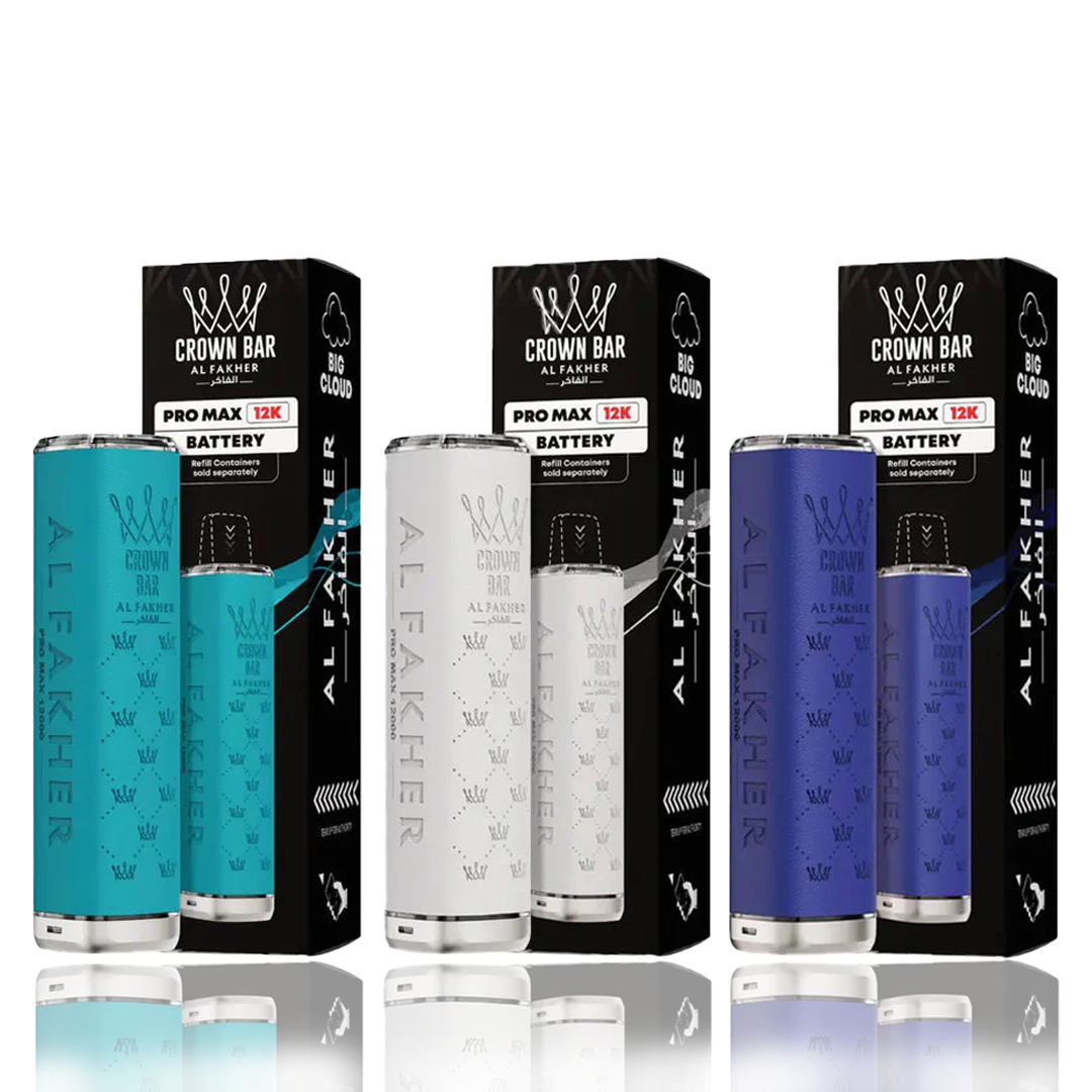 Al Fakher Crown Bar Pro Max 12K rechargeable vape devices in turquoise, white, and blue colours displayed with branded packaging boxes.