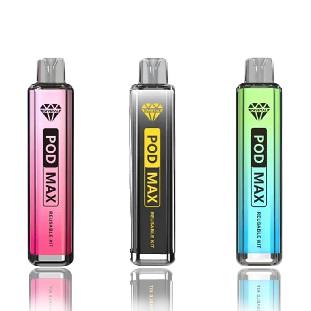 Three 'CRYSTAL POD MAX' reusable kits in pink, silver, and blue on a white background.