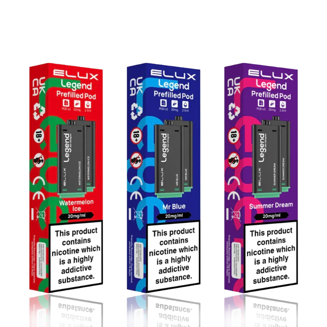 Three Elux Legend prefilled pod boxes in red, blue, and purple on a white background.