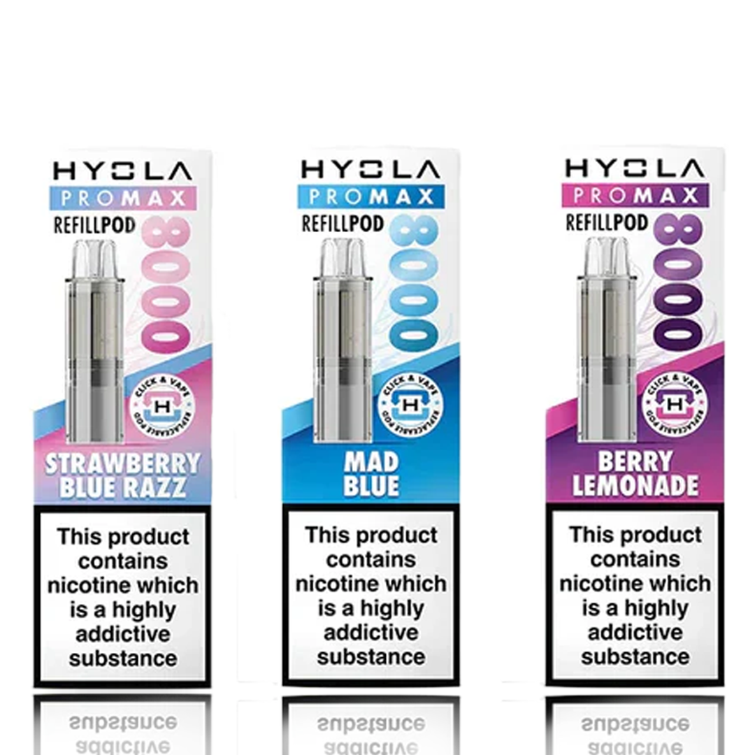 Three Hyola Pro Max 8000 refill pods with different flavors on a white background.
