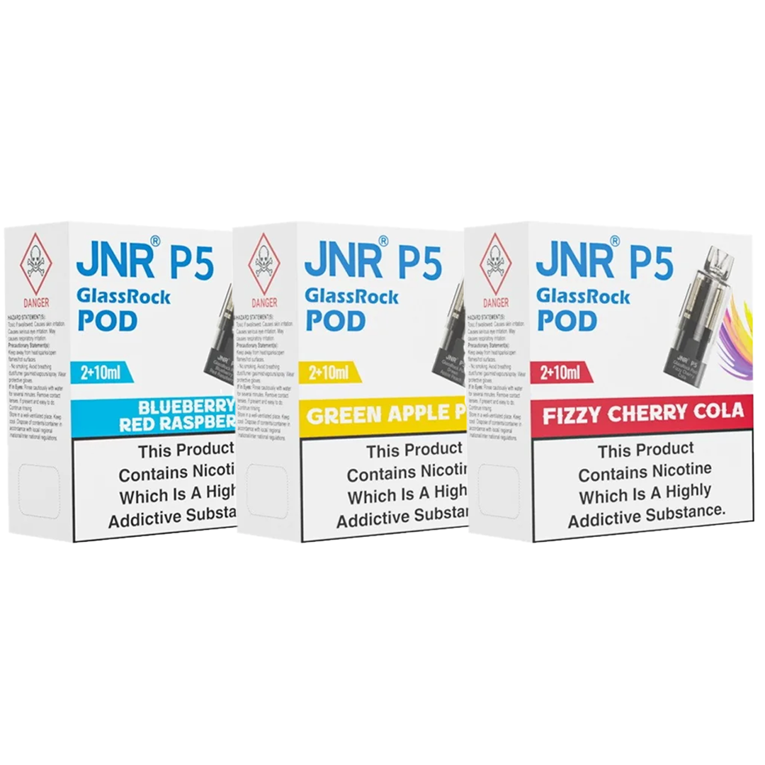 Three boxes of JNR P5 GlassRock PODs with different flavors on a white background.