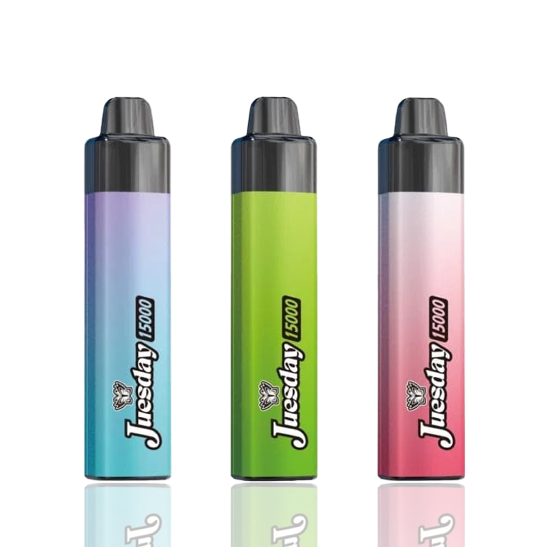 Three colorful vape devices with 'Juesday 15000 puff vape kit' branding on a white background