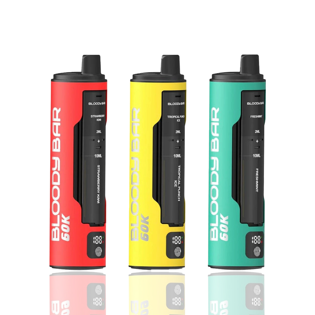 Three colorful 'Bloody Bar 60k' vape devices on a white background