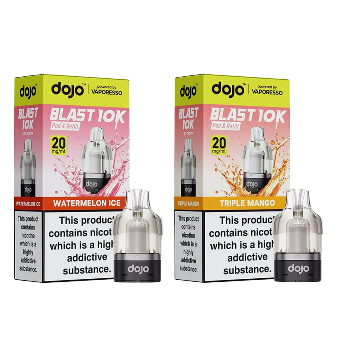 Two boxes of Dojo Blast 10K vape pods on a white background.