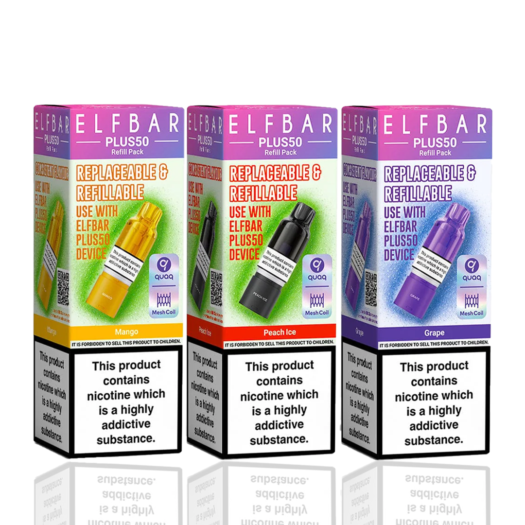 Three ELF BAR Plus50 refill packs on a white background