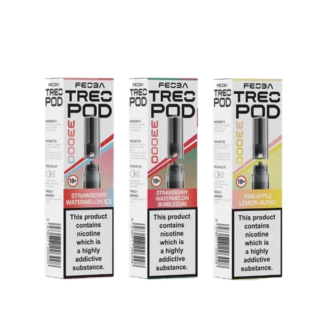 Three boxes of Feoba Treo Pod vape devices with different flavors on a white background