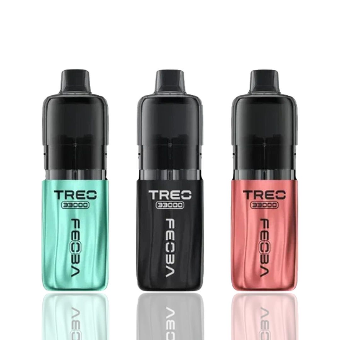Three vaping devices with 'Feoba TREO 33K' branding on a white background