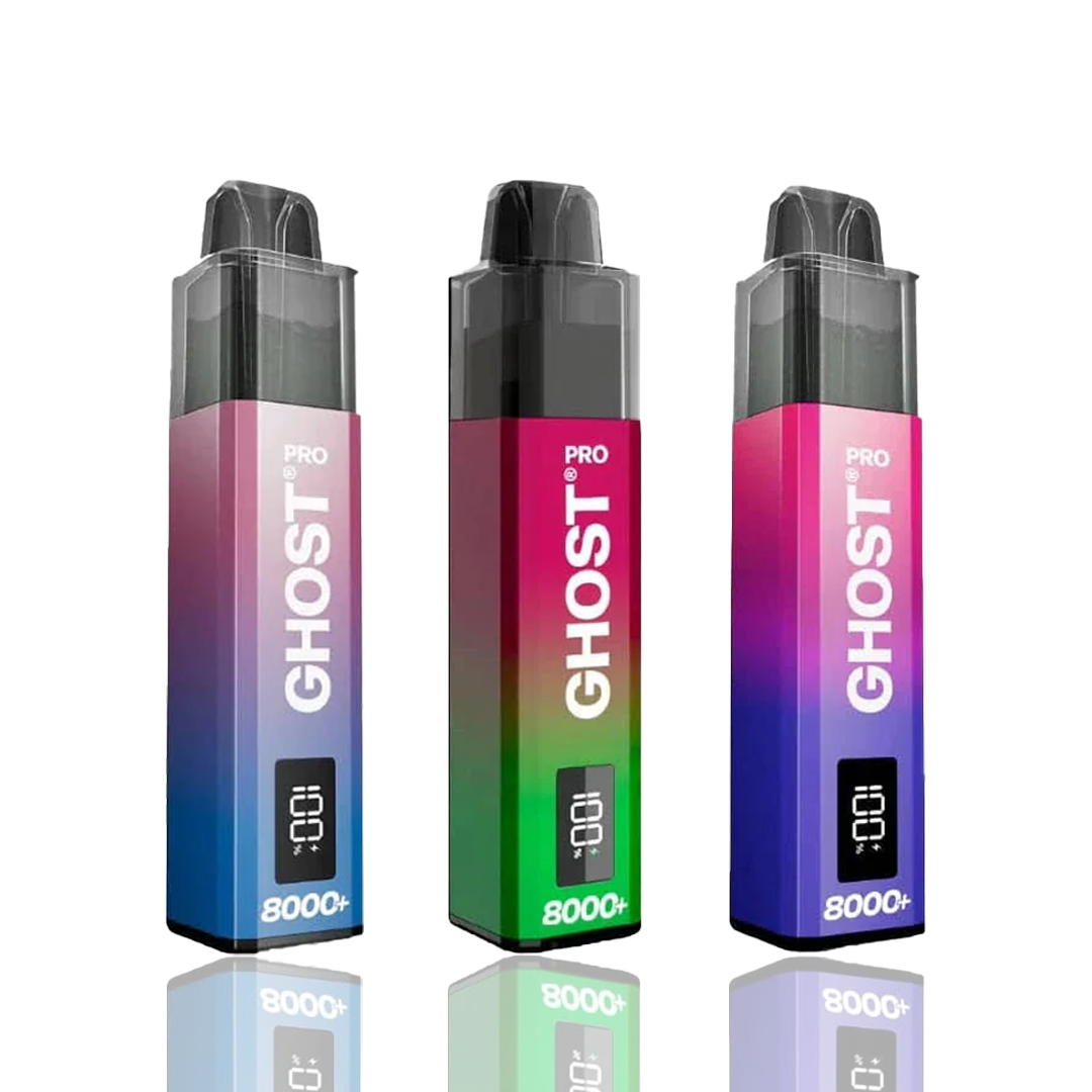 Three gradient-colored 'Ghost pro 8000+' vape devices on a white background