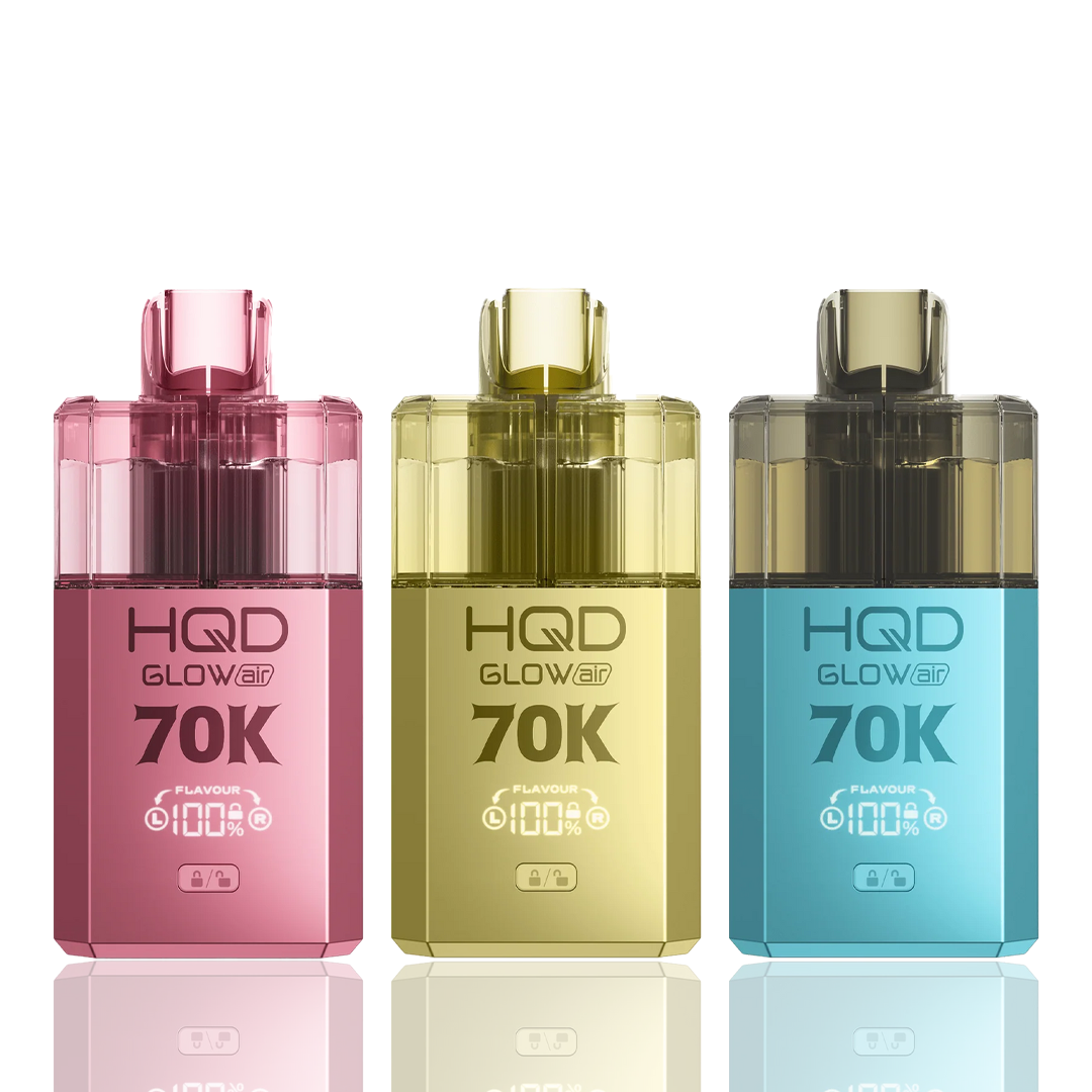 Three HQD Glow 70K vape devices in pink, yellow, and blue on a white background