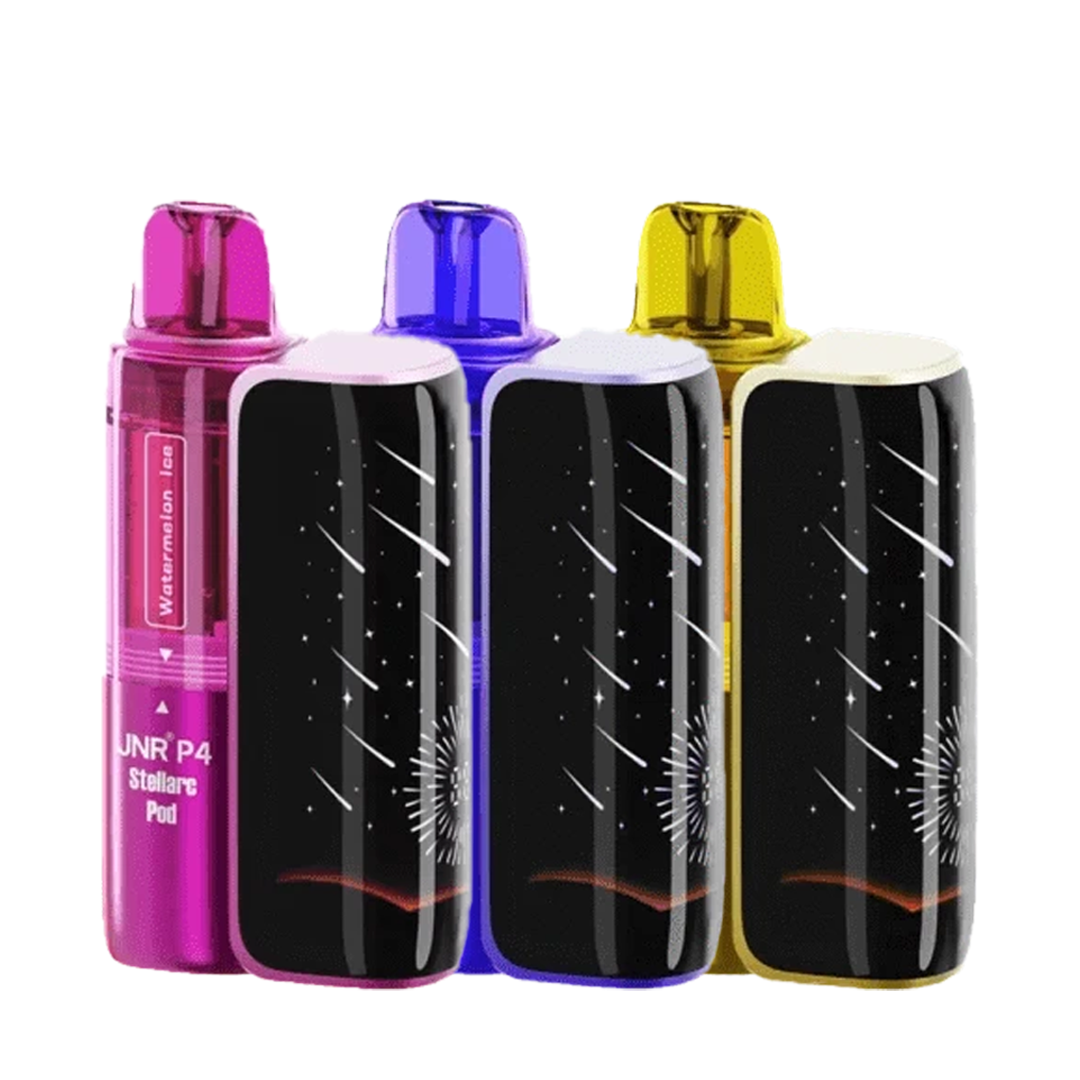 Four colorful JNR P4 Stellarc vape devices with black and white designs on a white background