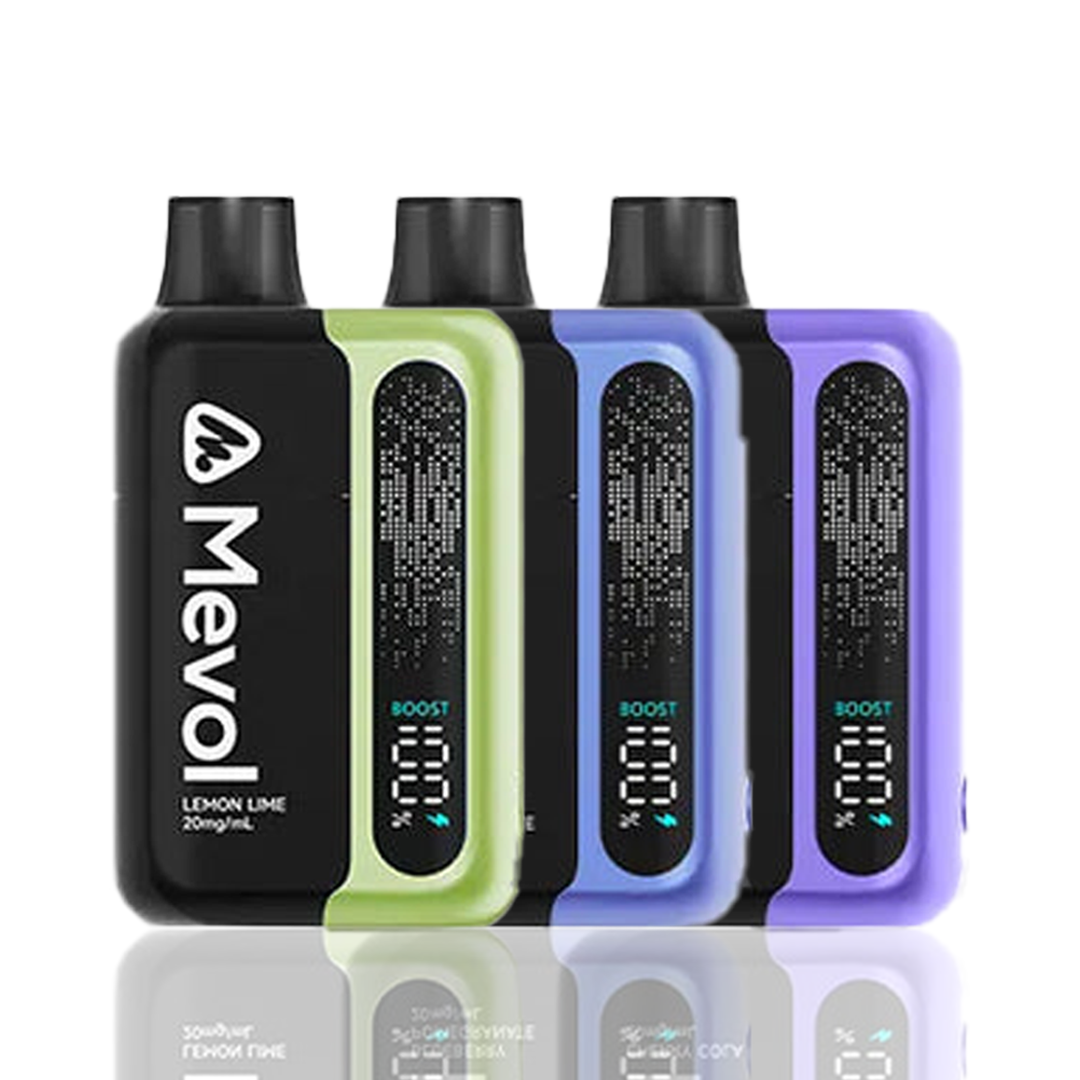 Three MEVOL S7000 vape devices in different colors on a white background