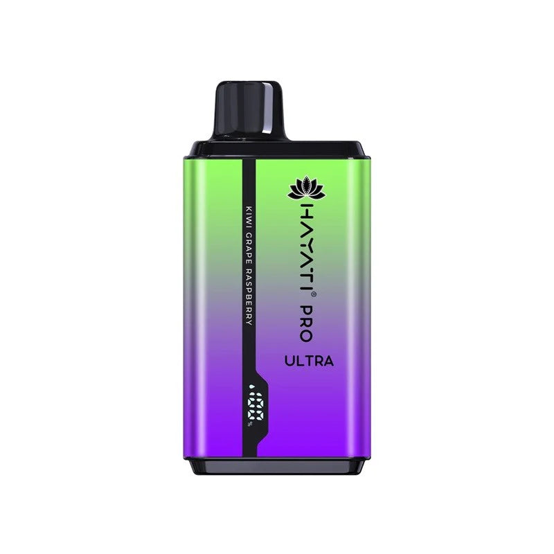 Hayati Pro Ultra 15000 Kiwi Grape Raspberry vape device on a white background