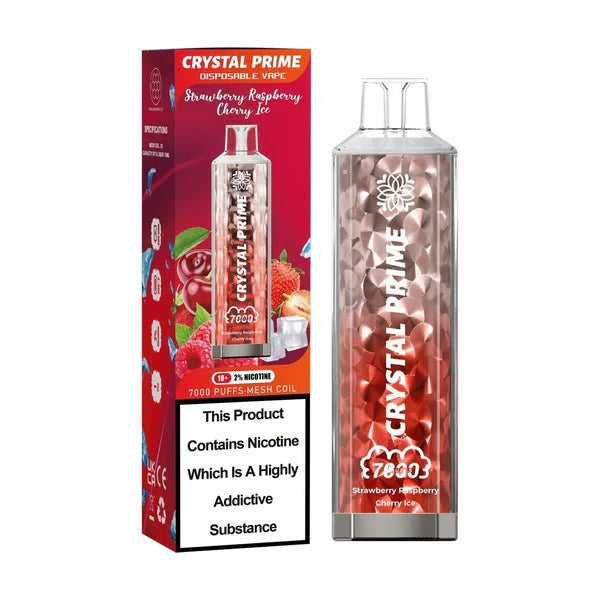 Crystal Prime 7000 Strawberry Raspberry Cherry Ice disposable vape and packaging on a white background