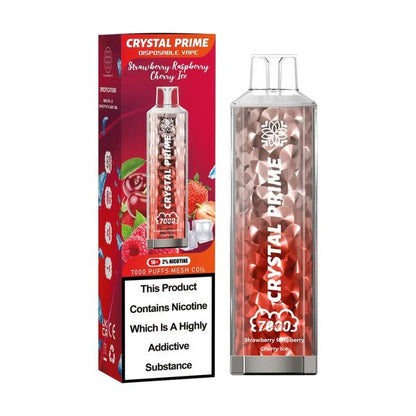 Crystal Prime 7000 Strawberry Raspberry Cherry Ice disposable vape and packaging on a white background