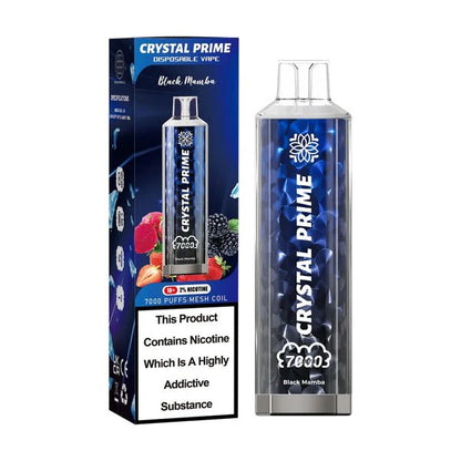 Crystal Prime 7000 Black Mamba disposable vape and packaging on a white background