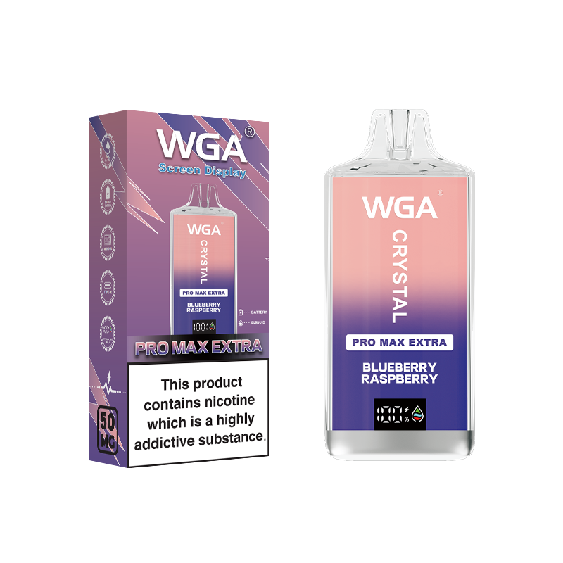 WGA Crystal Pro Max Extra 15k Blueberry Raspberry vape device and packaging on a white background
