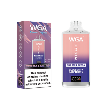 WGA Crystal Pro Max Extra 15k Blueberry Raspberry vape device and packaging on a white background