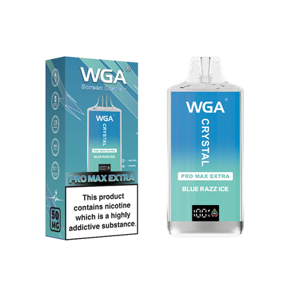 WGA Crystal Pro Max Extra Blue Razz Ice vape device and packaging on a white background