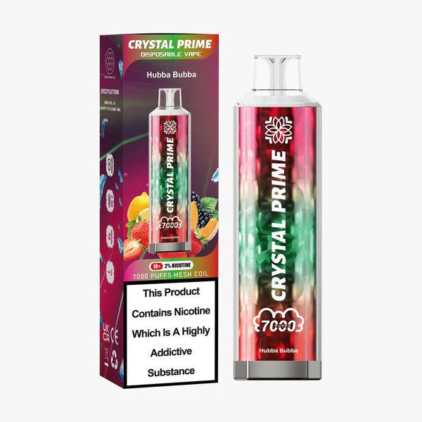 Crystal Prime 7000 Hubba Bubba disposable vape and packaging on a white background