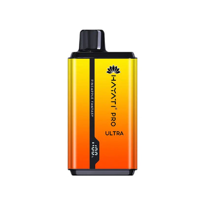 Hayati Pro Ultra 15000 Pineapple Fantasy vape device with a yellow and orange design on a white background