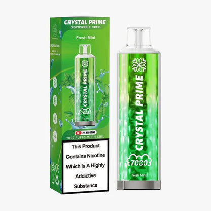 Crystal Prime 7000 Fresh Mint disposable vape and packaging on a white background