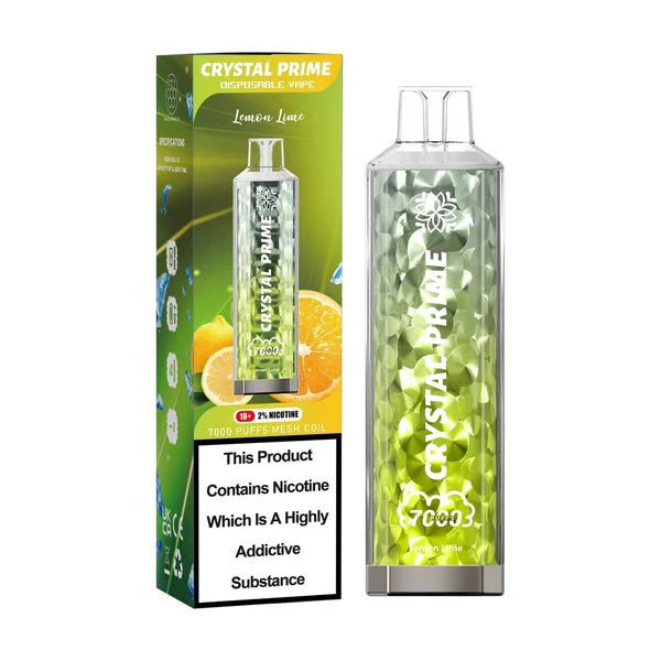 Crystal Prime 7000 Lemon Lime disposable vape and packaging on a white background
