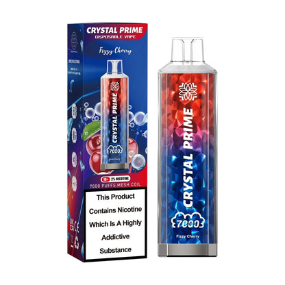 Crystal Prime 7000 Fizzy Cherry disposable vape and packaging on a white background