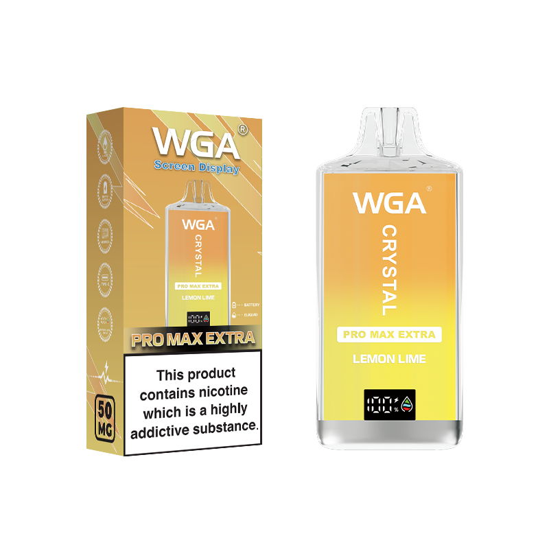 WGA Crystal Pro Max Extra 15k Lemon Line vape device and packaging on a white background