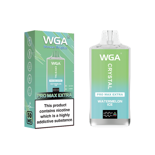 WGA Crystal Pro Max Extra 15k watermelon ice vape device and packaging on a white background