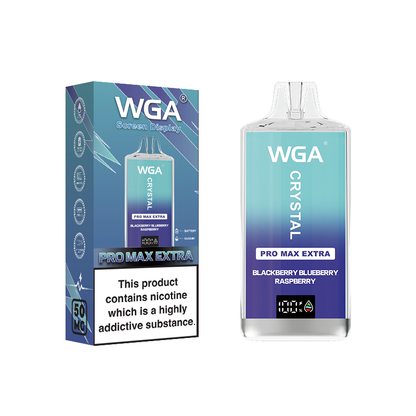 WGA Crystal Pro Max Extra vape device in blackberry blueberry raspberry flavour and packaging on a white background