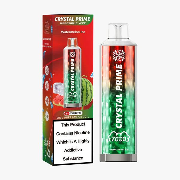 Crystal Prime 7000 Watermelon Ice disposable vape and packaging on a white background