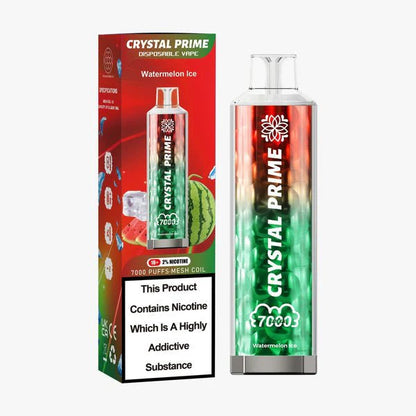 Crystal Prime 7000 Watermelon Ice disposable vape and packaging on a white background