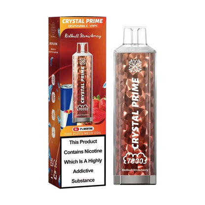 Crystal Prime 7000 Redbull Strawberry disposable vape and packaging on a white background