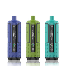 Three Al Fakhar Hypermax 30k vape devices in blue, green, and teal on a white background