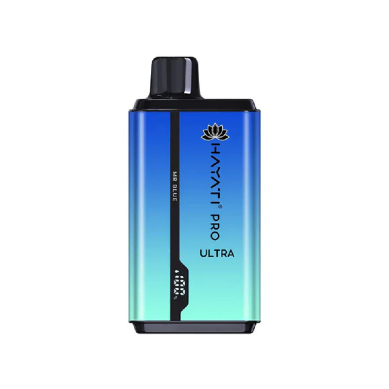 Hayati Pro Ultra 15000 MR blue vape device with gradient blue and green design on a white background