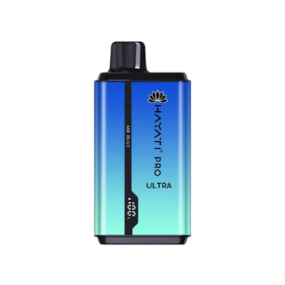 Hayati Pro Ultra 15000 MR blue vape device with gradient blue and green design on a white background