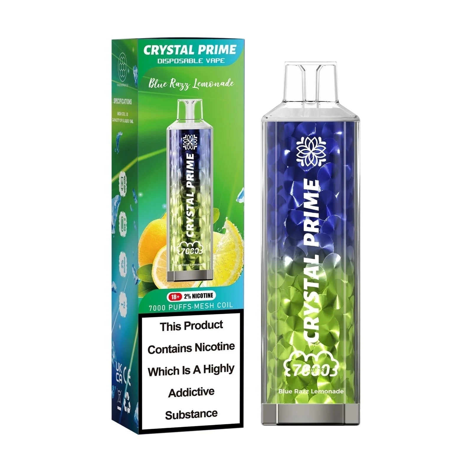 Crystal Prime 7000 Blue Razz  Lemonade disposable vape and packaging on a white background