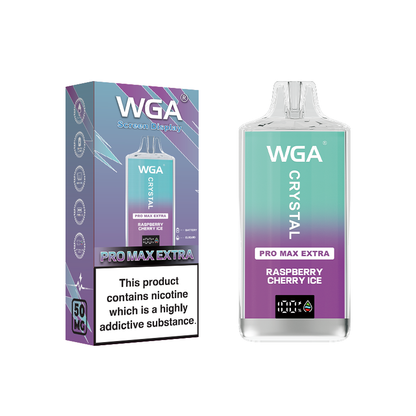 WGA Crystal Pro Max Extra 15k vape Raspberry Cherry Ice flavour packaging on a white background