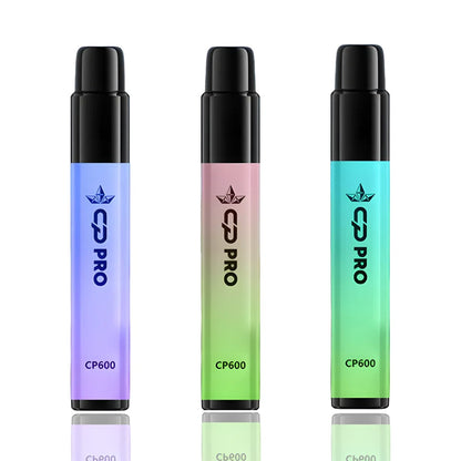CP Pro CP600 Puffs prefilled pod kit displayed in three slim disposable vape devices with black mouthpieces and gradient bodies in purple-blue, pink-green, and teal-green colors, shown on a white background.
