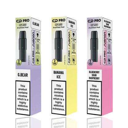CP Pro CP600 Prefilled Replacement Pods packaging showing three flavour variants, G Bear, Banana Ice, and Blueberry Sour Raspberry, with slim black prefilled pods, 2 pods per pack, 600 puffs, 2ml capacity, and UK nicotine warning label.