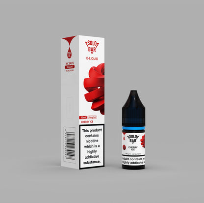 Solo Bar E-Liquid bottle CherryIce  and packaging on a gray background