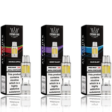 Three boxes of Crown Bar Pro Max 12k Refill Container by Al Fakher products with different flavors on a white background.