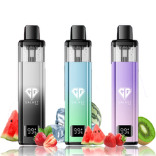 Three Crystal Galaxy Focus 1 6000 Puffs Prefilled Pod Kit vape devices in black, green, and purple with fruit graphics on a white background.