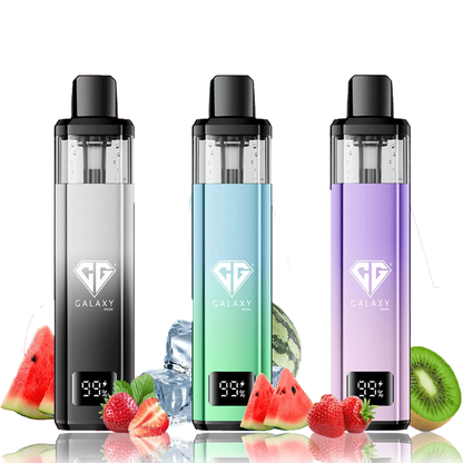 Three Crystal Galaxy Focus 1 6000 Puffs Prefilled Pod Kit vape devices in black, green, and purple with fruit graphics on a white background.