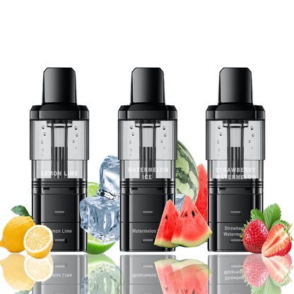 Three Crystal Galaxy Focus 1 6000 Prefilled Replacement Pods with flavor labels surrounded by lemon, watermelon, and strawberry illustrations on a white background.