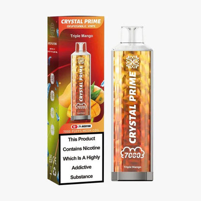 Crystal Prime 7000 Triple Mango disposable vape and packaging on a white background