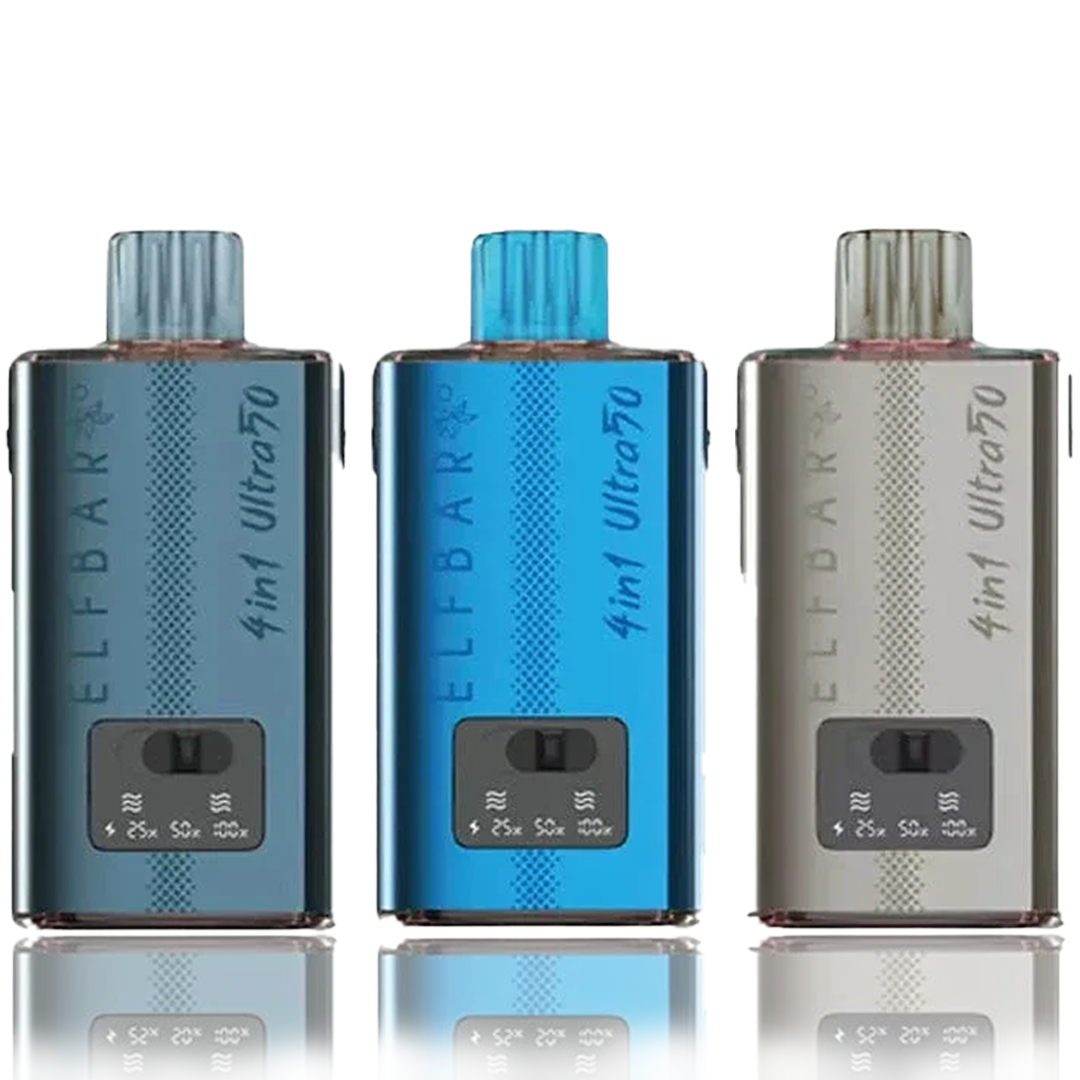 Three Elf Bar 4-In-1 Ultra 50 (50k) Prefilled Pod Kit in blue, silver, and gray on a white background