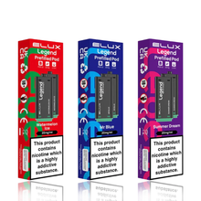 Three Elux Legend prefilled pod boxes in red, blue, and purple on a white background.