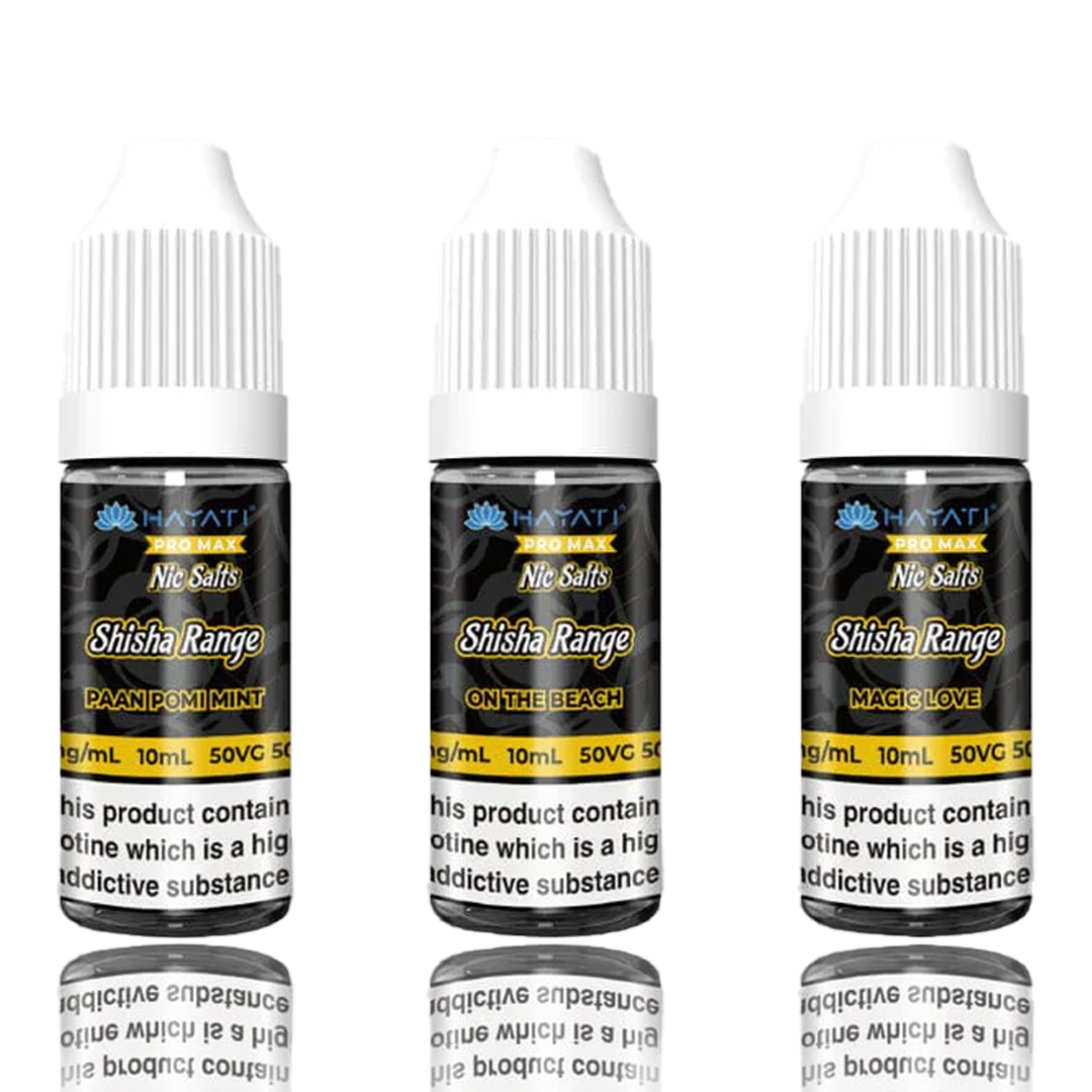 Three Hayati Pro Max Shisha Nic Salt 10/20 mg on a white background