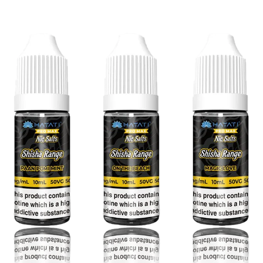 Three Hayati Pro Max Shisha Nic Salt 10/20 mg on a white background
